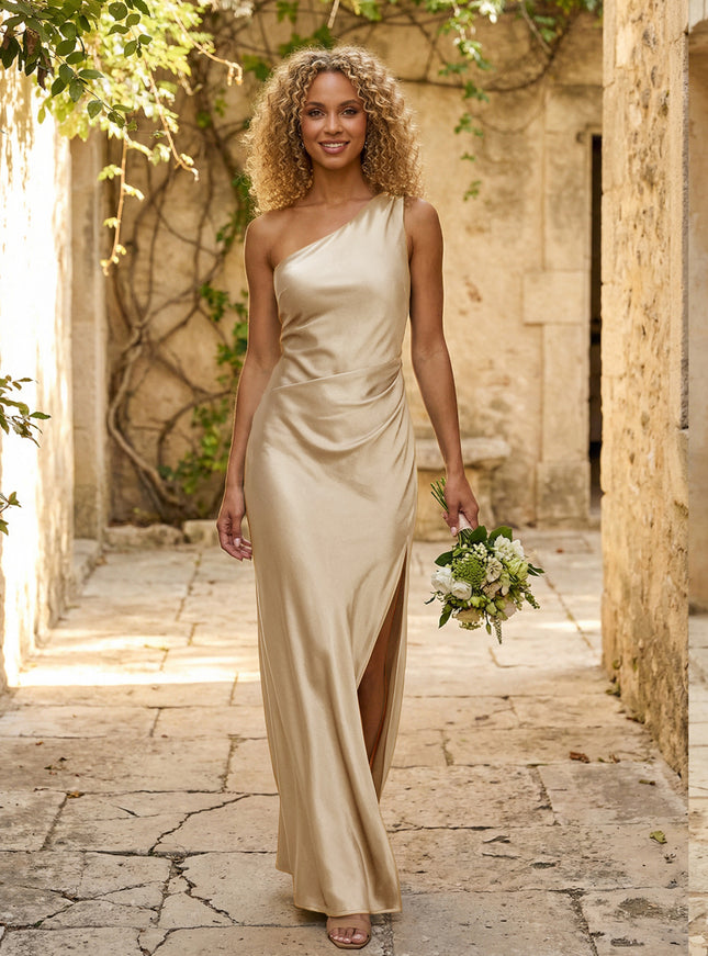 Satin One Shoulder Pleated Mermaid Maxi Bridesmaid Dresses with Slit