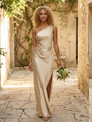 Satin One Shoulder Pleated Mermaid Maxi Formal Dresses with Slit