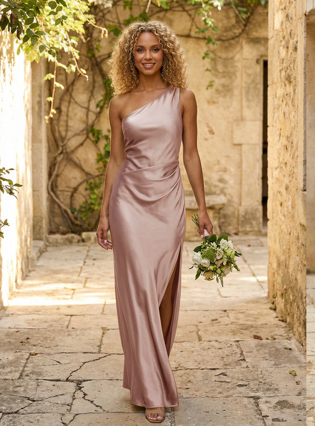 Satin One Shoulder Pleated Mermaid Maxi Bridesmaid Dresses with Slit