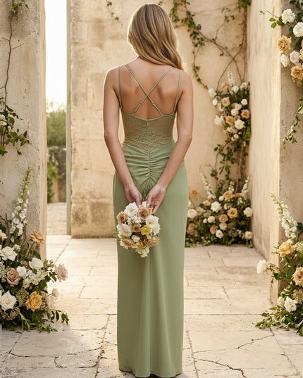 Chiffon Spaghetti Straps Pleated Mermaid Maxi Bridesmaid Dresses