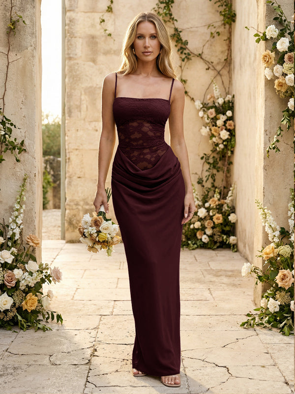 Chiffon Spaghetti Straps Pleated Mermaid Maxi Formal Dresses