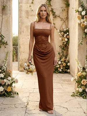 Chiffon Spaghetti Straps Pleated Mermaid Maxi Formal Dresses