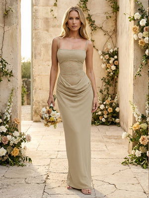 Chiffon Spaghetti Straps Pleated Mermaid Maxi Formal Dresses