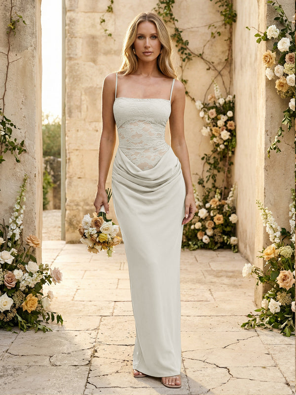 Chiffon Spaghetti Straps Pleated Mermaid Maxi Formal Dresses
