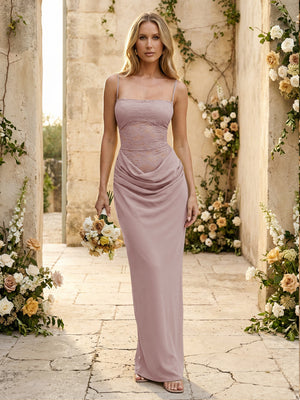Chiffon Spaghetti Straps Pleated Mermaid Maxi Formal Dresses