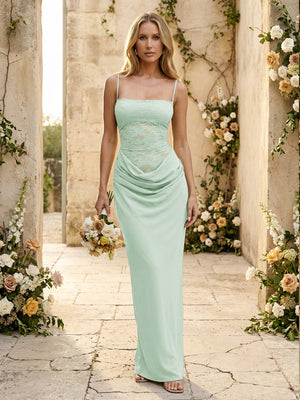 Chiffon Spaghetti Straps Pleated Mermaid Maxi Formal Dresses