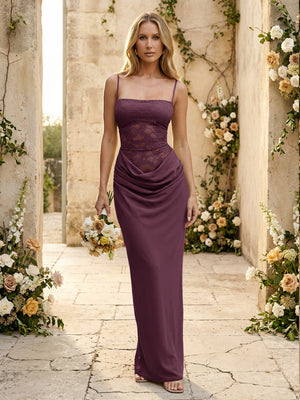 Chiffon Spaghetti Straps Pleated Mermaid Maxi Formal Dresses