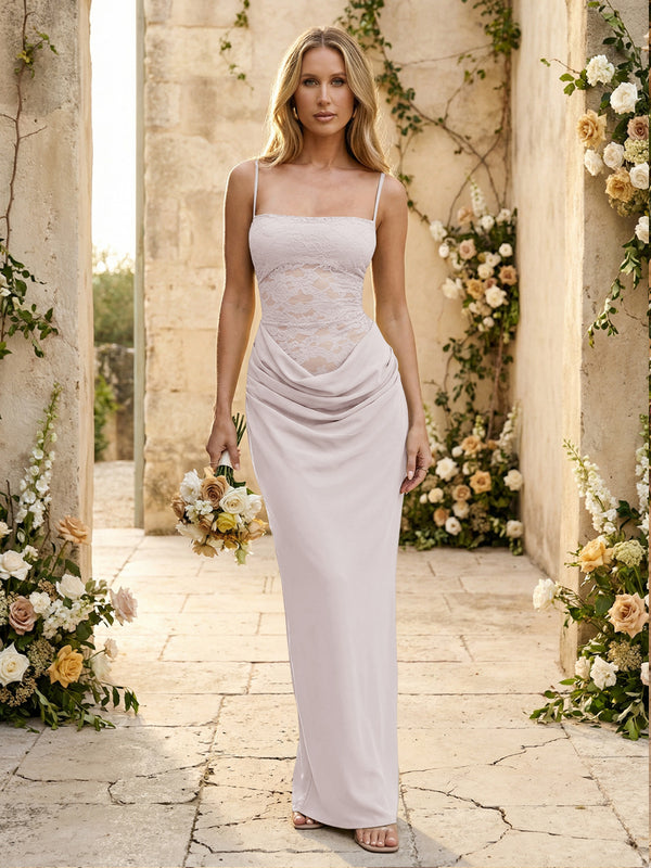 Chiffon Spaghetti Straps Pleated Mermaid Maxi Formal Dresses