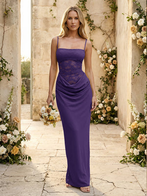 Chiffon Spaghetti Straps Pleated Mermaid Maxi Formal Dresses