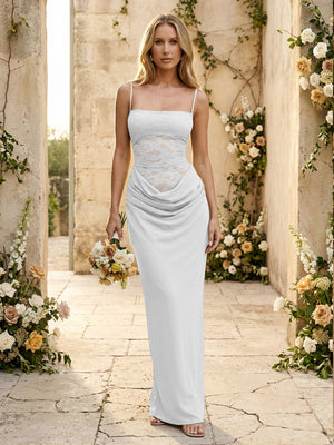 Chiffon Spaghetti Straps Pleated Mermaid Maxi Formal Dresses