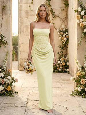 Chiffon Spaghetti Straps Pleated Mermaid Maxi Formal Dresses