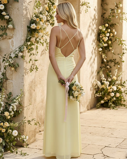 Chiffon Spaghetti Straps Pleated Mermaid Maxi Bridesmaid Dresses with Slit
