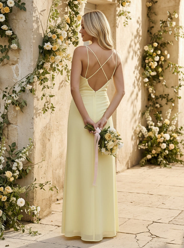 Chiffon Spaghetti Straps Pleated Mermaid Maxi Bridesmaid Dresses with Slit