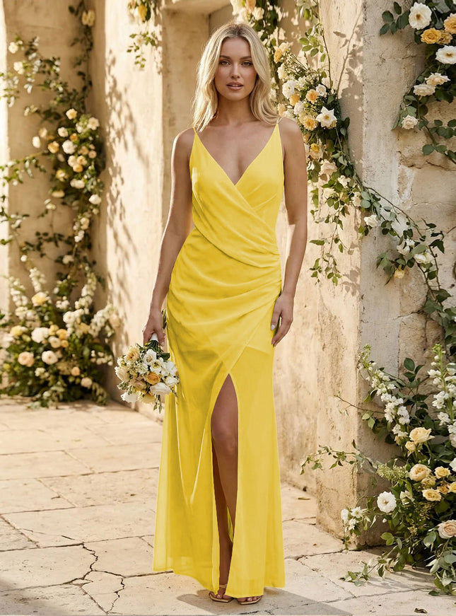 Chiffon Spaghetti Straps Pleated Mermaid Maxi Bridesmaid Dresses with Slit