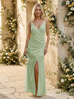 Chiffon Spaghetti Straps Pleated Mermaid Maxi Bridesmaid Dresses with Slit