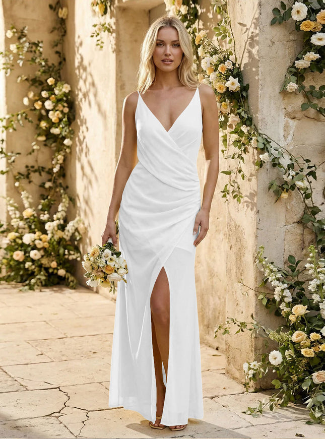 Chiffon Spaghetti Straps Pleated Mermaid Maxi Bridesmaid Dresses with Slit