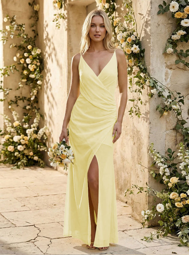 Chiffon Spaghetti Straps Pleated Mermaid Maxi Bridesmaid Dresses with Slit