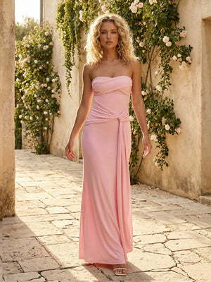 Stretch Mesh Strapless Pleated Mermaid Maxi Bridesmaid Dresses