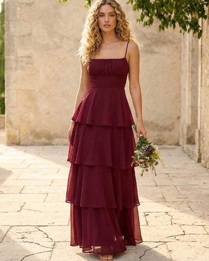 Chiffon Spaghetti Straps A Line Tiered Bridesmaid Dresses