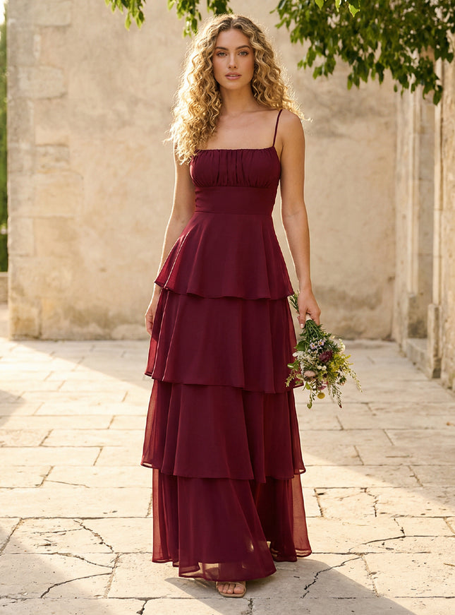 Chiffon Spaghetti Straps A Line Tiered Bridesmaid Dresses