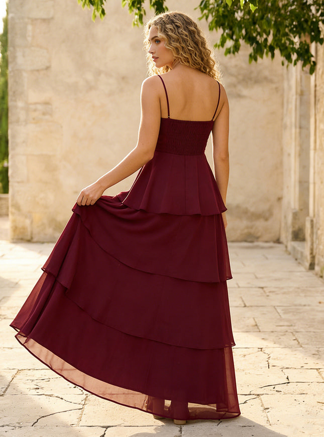 Chiffon Spaghetti Straps A Line Tiered Bridesmaid Dresses