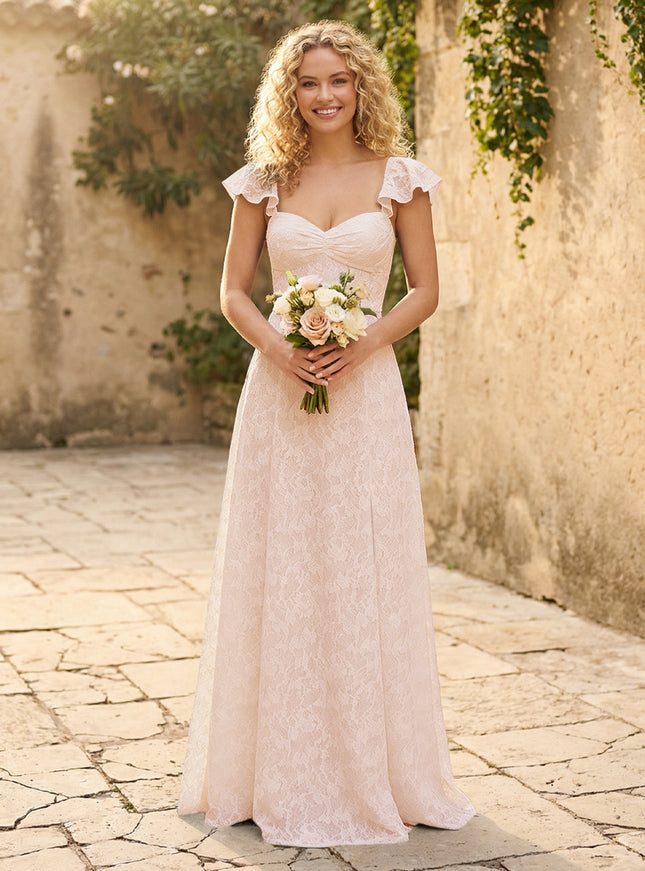Lace Applique Sweetheart A Line Pleats Bridesmaid Dresses