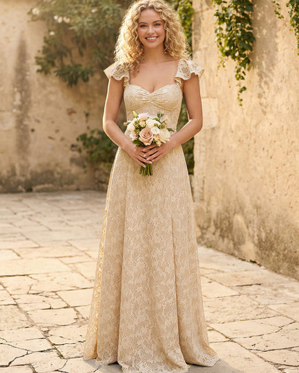 Lace Applique Sweetheart A Line Pleats Bridesmaid Dresses
