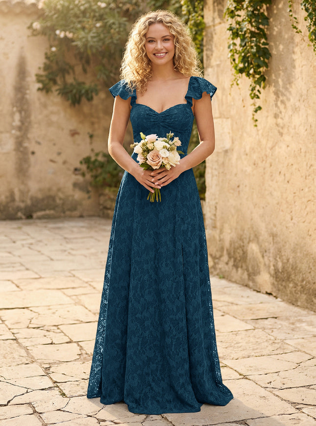 Lace Applique Sweetheart A Line Pleats Bridesmaid Dresses