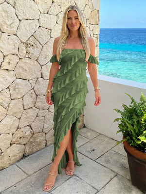 Chiffon Off the Shoulder Ruffles Bridesmaid Dresses with Slit