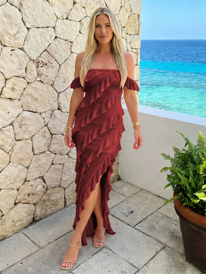 Chiffon Off the Shoulder Ruffles Bridesmaid Dresses with Slit