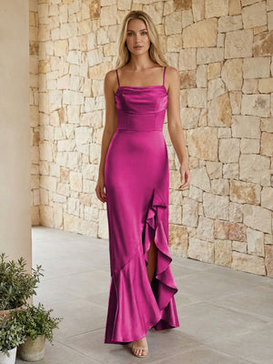 Satin Spaghetti Straps Mermaid Ruffles Bridesmaid Dresses