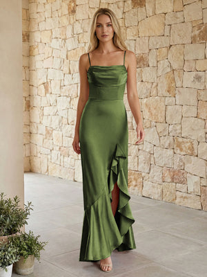 Satin Spaghetti Straps Mermaid Ruffles Bridesmaid Dresses