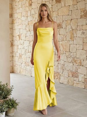 Satin Spaghetti Straps Mermaid Ruffles Bridesmaid Dresses