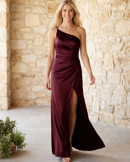 Satin One Shoulder Pleats Bridesmaid Dresses with Slit