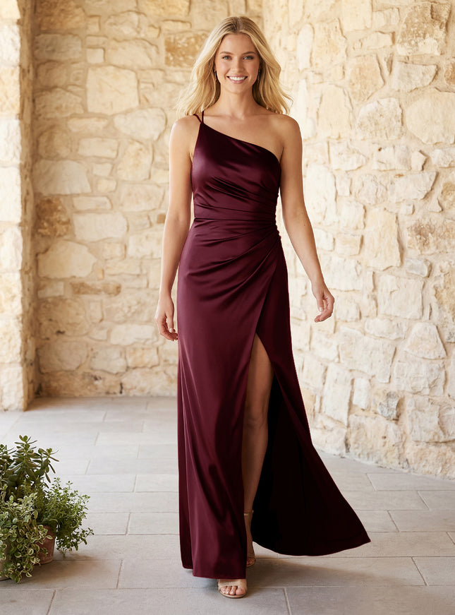 Satin One Shoulder Pleats Bridesmaid Dresses with Slit