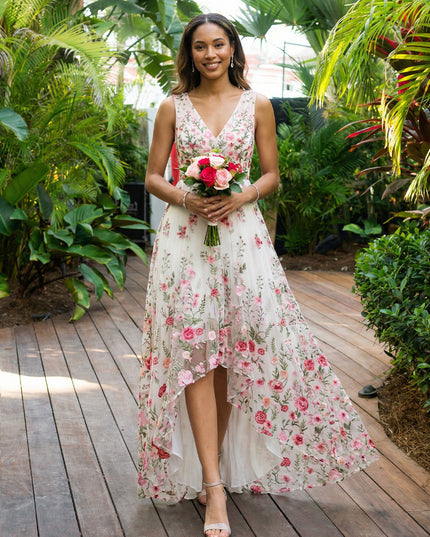 Chiffon V Neck Pleated  A Line Wedding Guest Dresses with Lace Applique