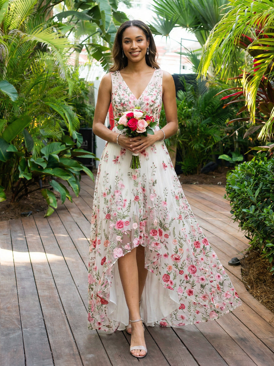 Chiffon V Neck Pleated  A Line Wedding Guest Dresses with Lace Applique