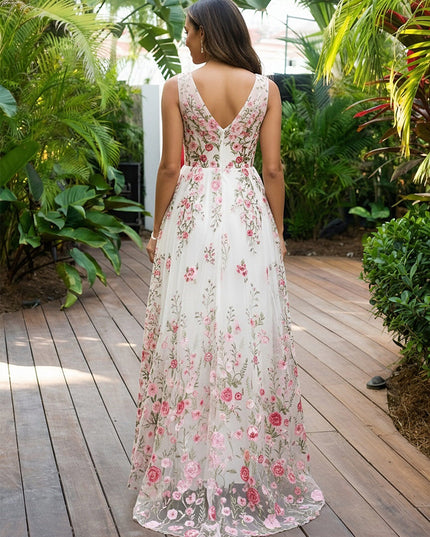 Chiffon V Neck Pleated  A Line Wedding Guest Dresses with Lace Applique