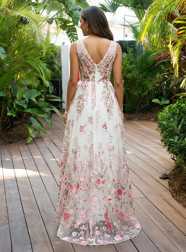 Chiffon V Neck Pleated  A Line Wedding Guest Dresses with Lace Applique