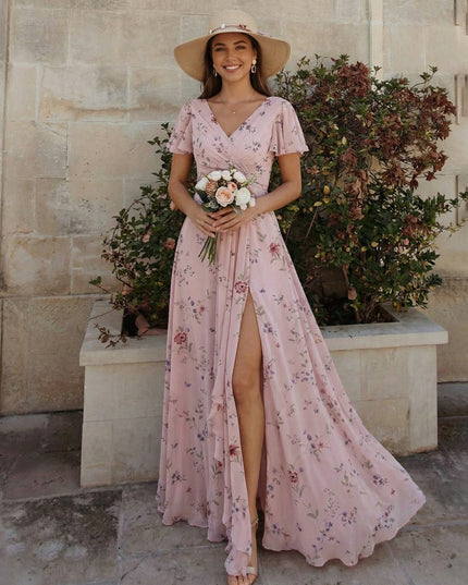 Floral Chiffon Pleated Short Sleeves A Line Bridesmaid Dresses with Slit