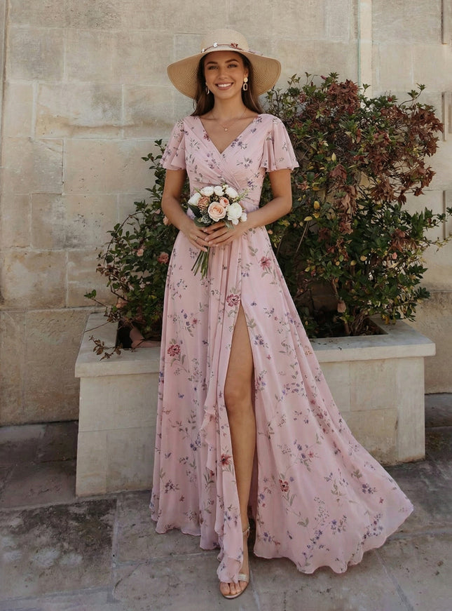 Floral Chiffon Pleated Short Sleeves A Line Bridesmaid Dresses with Slit