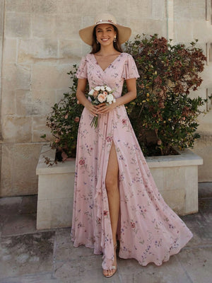 Floral Chiffon Pleated Short Sleeves A Line Bridesmaid Dresses with Slit