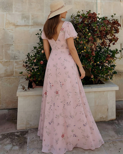 Floral Chiffon Pleated Short Sleeves A Line Bridesmaid Dresses with Slit