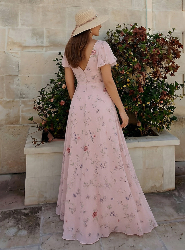 Floral Chiffon Pleated Short Sleeves A Line Bridesmaid Dresses with Slit