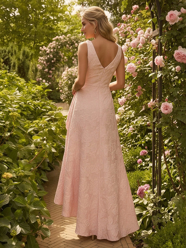 Satin Jacquard Pleated A Line Wedding Guest Dresses with Ruffles Formal Gowns