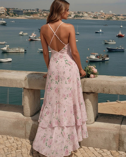 Chiffon Floral Pleated A Line Wedding Guest Dresses with Ruffles