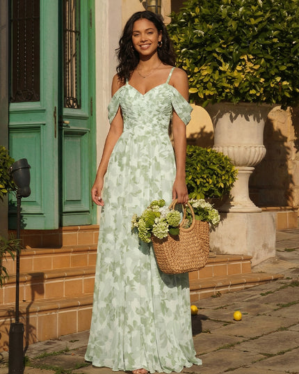 Chiffon Floral Off Shoulder Pleated A Line Long Bridesmaid Dresses