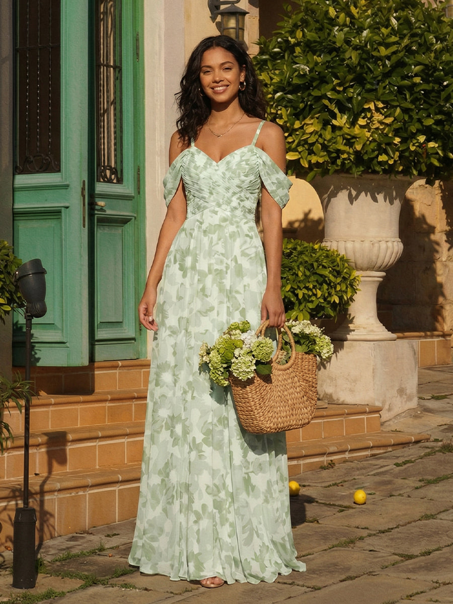 Chiffon Floral Off Shoulder Pleated A Line Long Bridesmaid Dresses