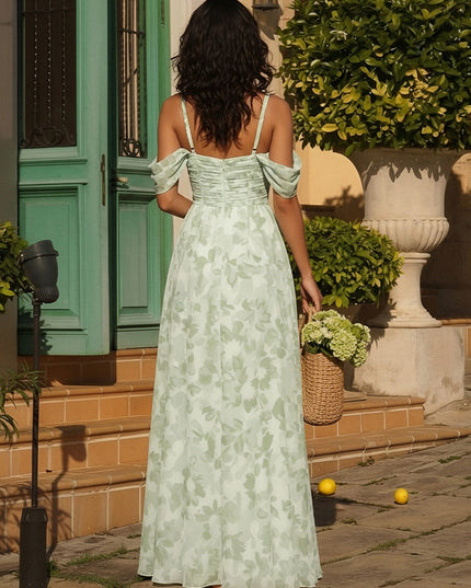 Chiffon Floral Off Shoulder Pleated A Line Long Bridesmaid Dresses