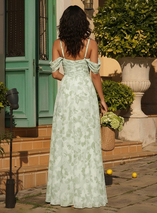 Chiffon Floral Off Shoulder Pleated A Line Long Bridesmaid Dresses
